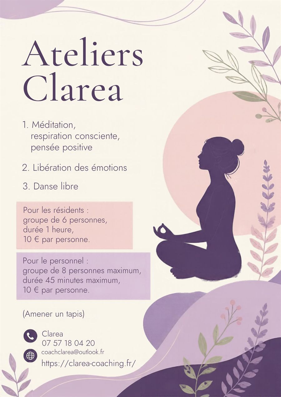 Affiche des ateliers de groupe Claréa à Vias : méditation, libération des émotions, danse libre